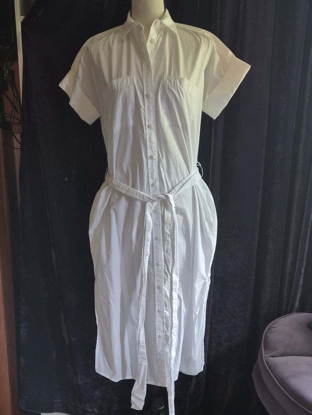 J. Crew White Button-Front Midi Shirt Dress with Tie Belt